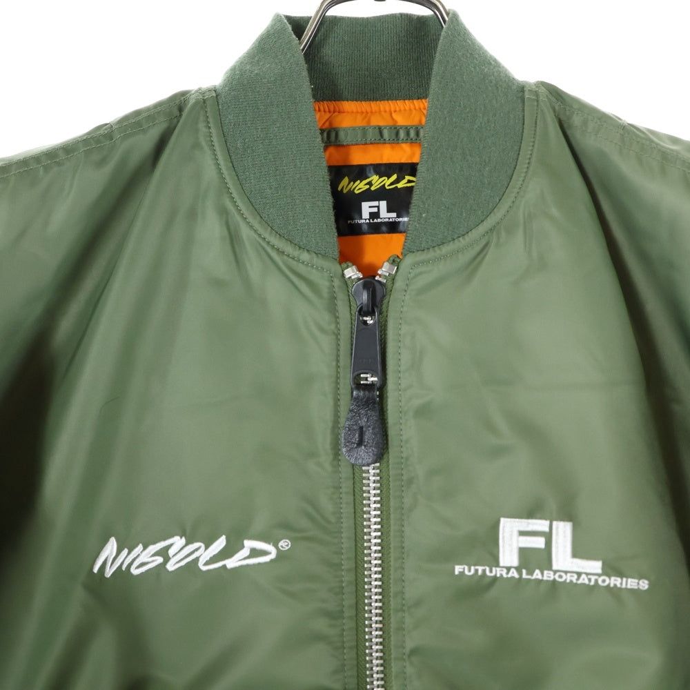 FUTURA LABORATORIES(フューチュラ・ラボラトリーズ) ×NIGOLD MA-1 JACKET ニゴールド フロントロゴエンブロイダリー マルチポケット ジップアップ フライジャケット エムエーワン グリーン