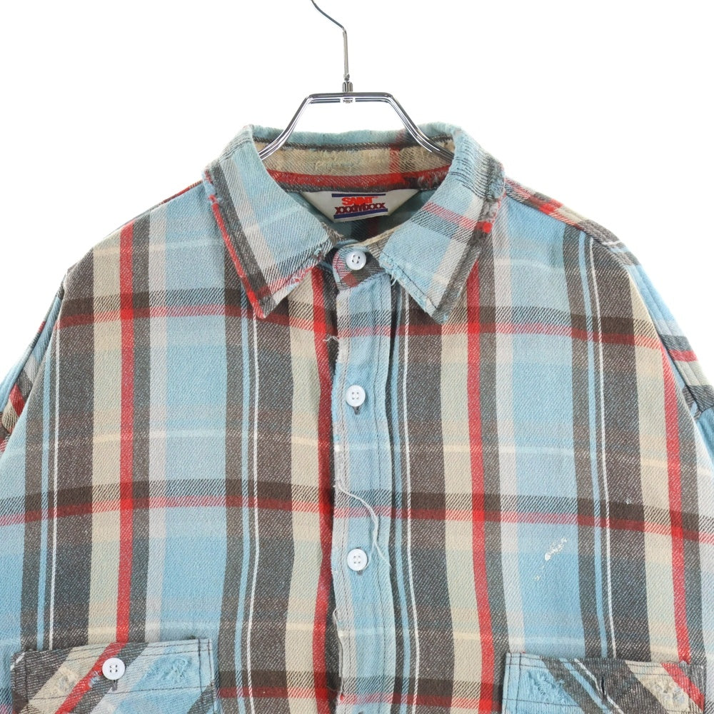 SAINT MICHAEL(セントマイケル) 25SS FLANNEL SHIRT CHECK BLUE チェック柄 ヴィンテージ加工 コットン フランネル長袖シャツ ブルー SM-HR8-0000-040