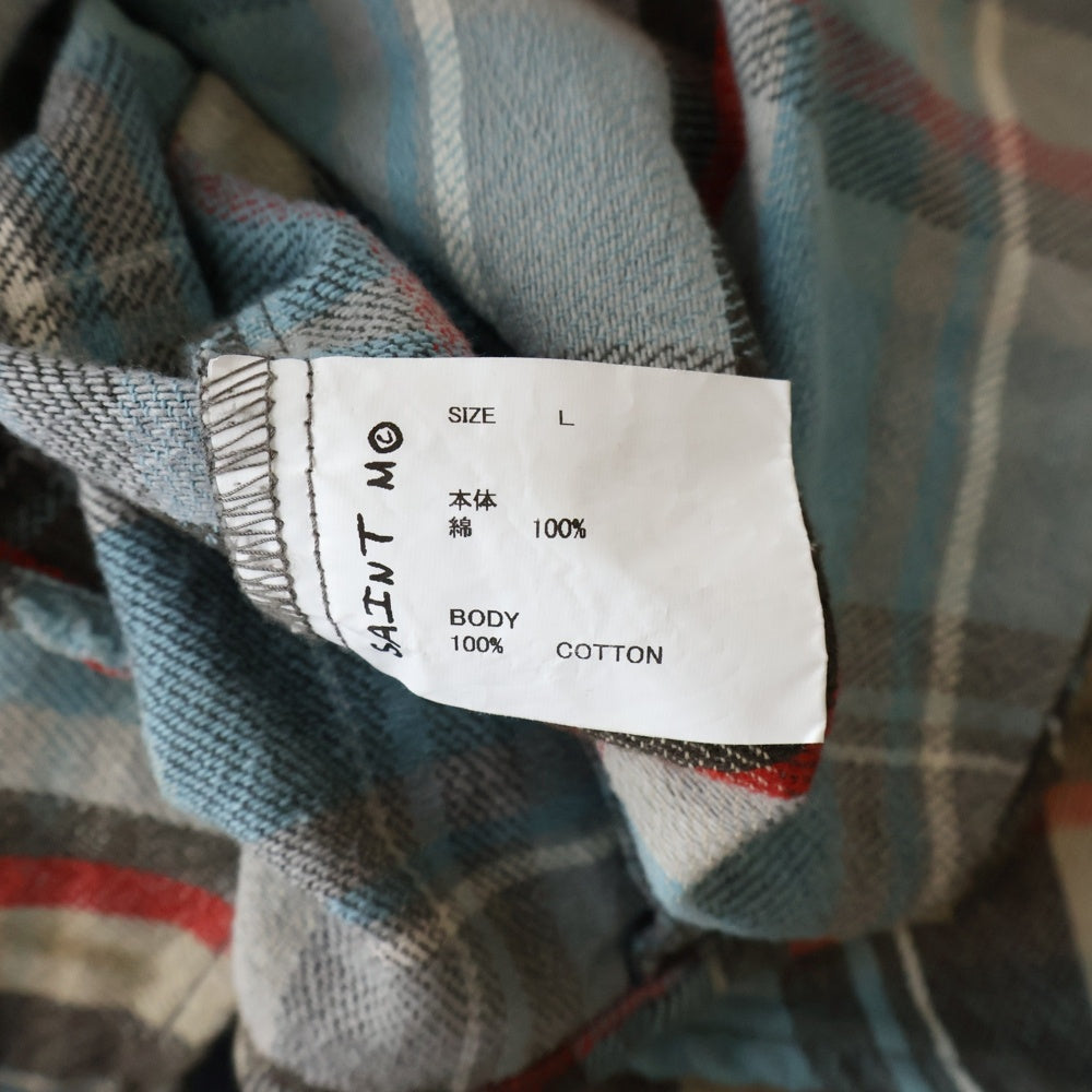 SAINT MICHAEL(セントマイケル) 25SS FLANNEL SHIRT CHECK BLUE チェック柄 ヴィンテージ加工 コットン フランネル長袖シャツ ブルー SM-HR8-0000-040