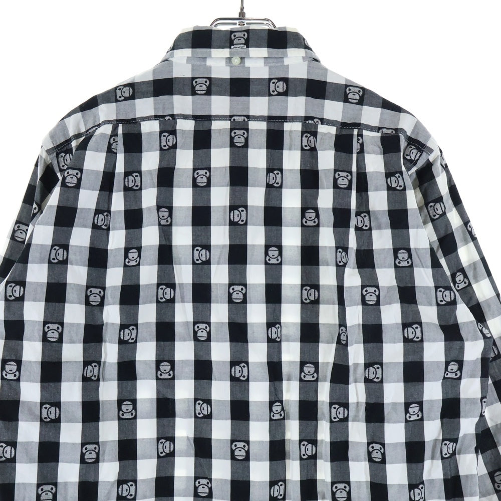A BATHING APE(アベイシングエイプ) BABY MILO ベイビー マイロ 総柄デザイン チェック柄 胸ポケット ボタンダウン 長袖シャツ ブラック/ホワイト