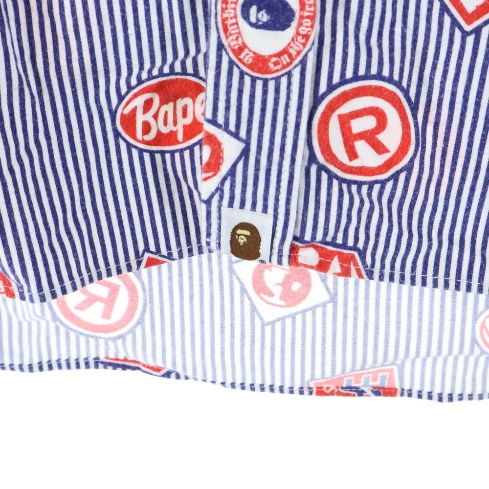 A BATHING APE(アベイシングエイプ) マルチロゴデザイン 総柄 ダブル胸フラップポケット ストライプ ワーク半袖シャツ ブルー