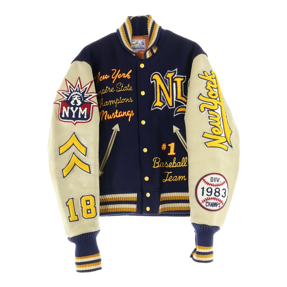 VINTAGE(ヴィンテージ) WHITESVILLE NEW YORK MUSTANGS ホワイツビル ニューヨーク マスタングス フルデコ レザー切り替え ヴァーシティジャケット スタジャン イエロー/ネイビー