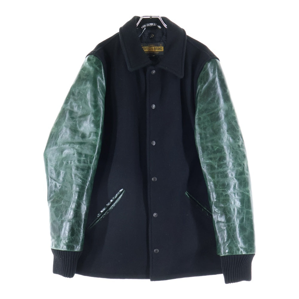 SCHOTT(ショット) 袖レザー切替 ウールスナップジャケット スタジャン ブラック/グリーン