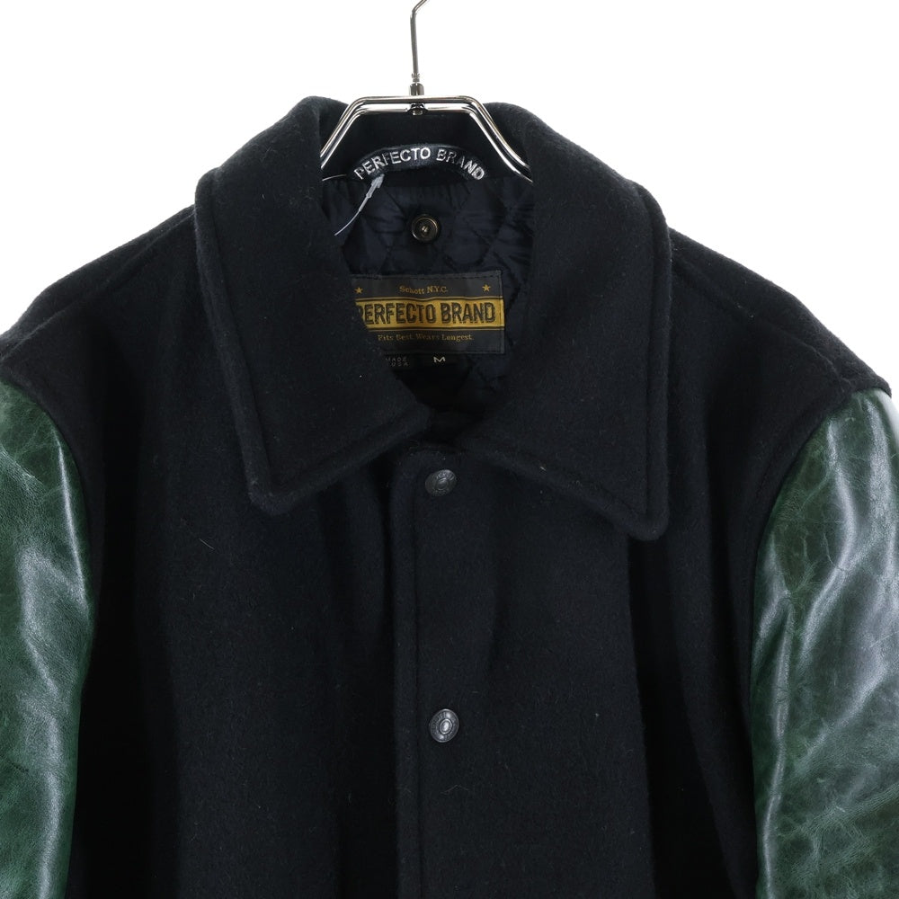 SCHOTT(ショット) 袖レザー切替 ウールスナップジャケット スタジャン ブラック/グリーン