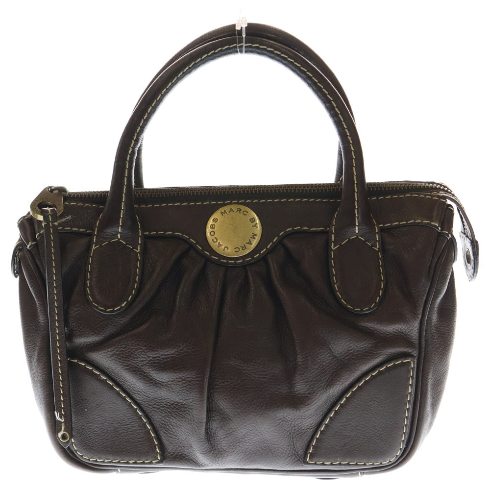 MARC BY MARC JACOBS(マーク バイ マーク ジェイコブス) ロゴデザインプレート ステッチデザイン レザー ハンドバッグ ブラウン