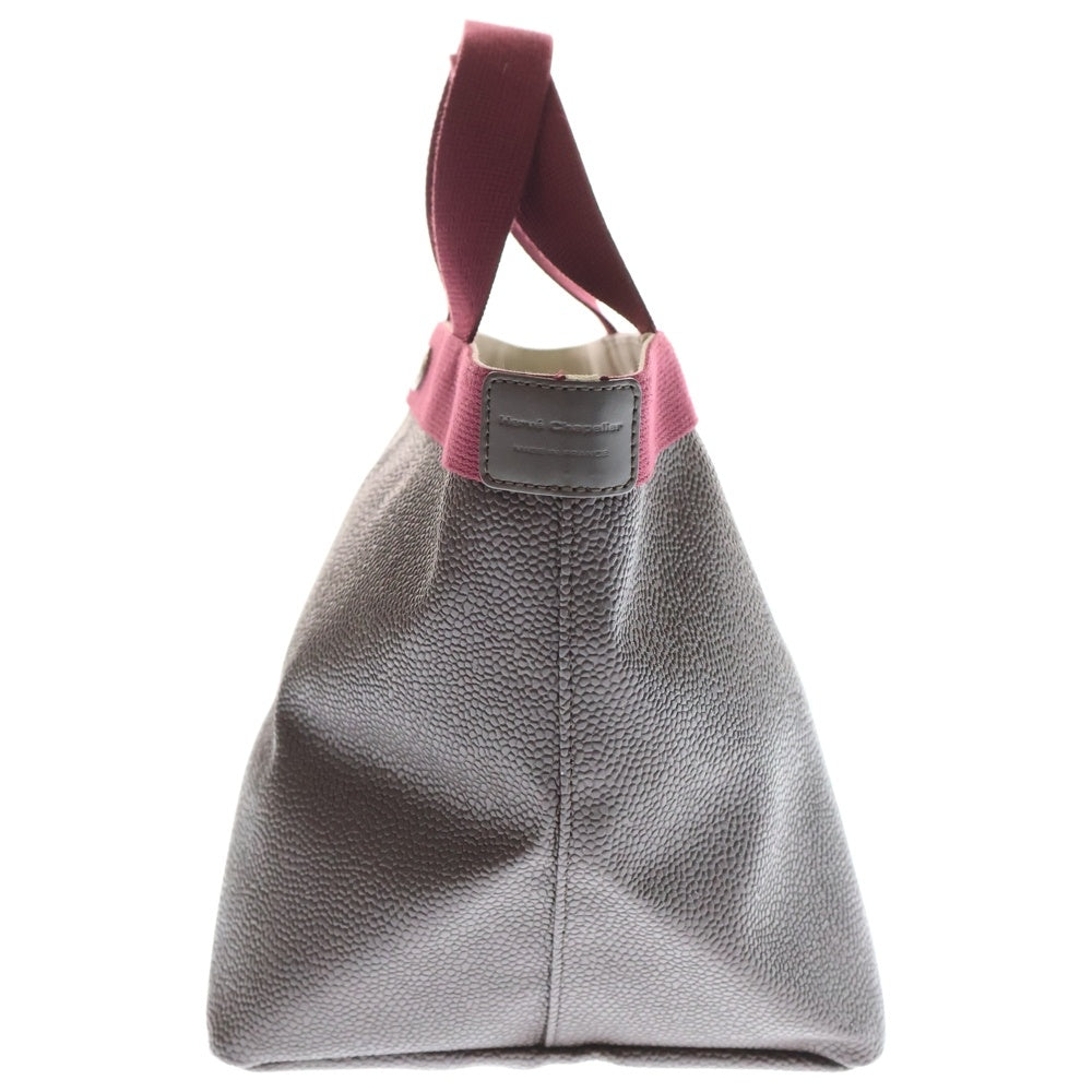 herve chapelier(エルベシャプリエ) 舟形 キャビアスキン ロゴデザイン金具 レザートートバッグ ブラウン/レッド