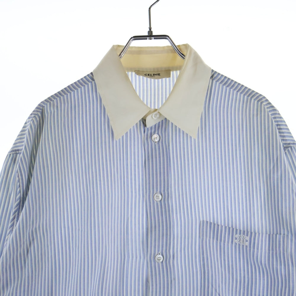 CELINE(セリーヌ) シルク ストライプ フロントトリオンフロゴエンブロイダリー 長袖シャツ ブルー/ホワイト 2C775485S