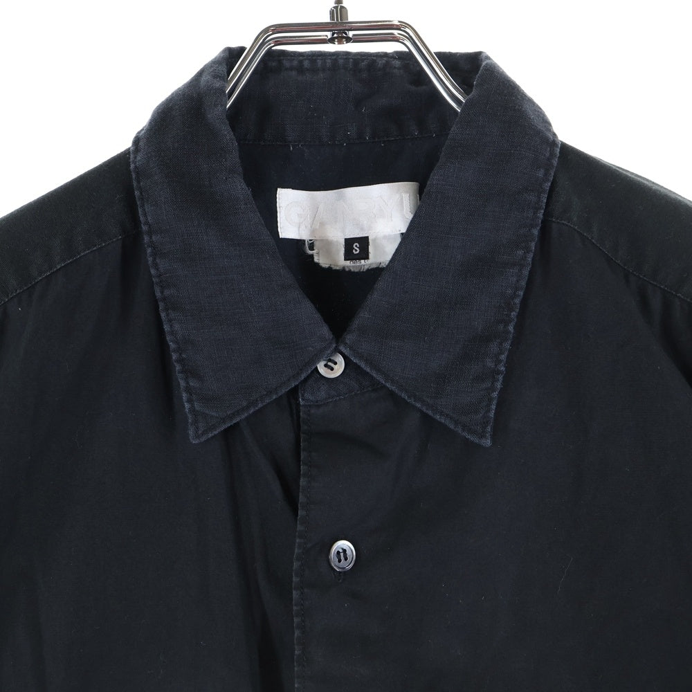 GANRYU(ガンリュウ) 15SS AD2014 リネン混 フロントデザイン 半袖シャツ ブラック EO-B014