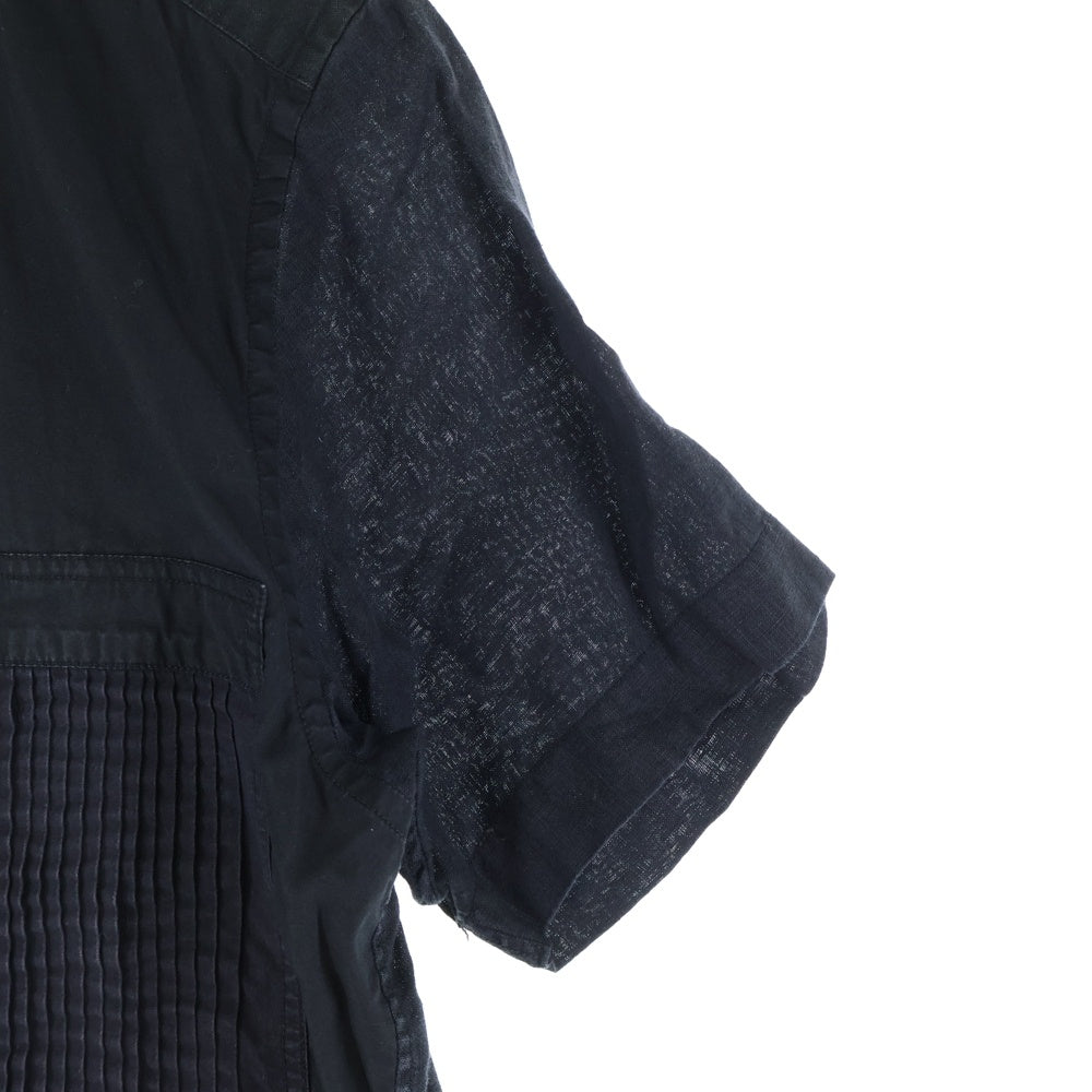 GANRYU(ガンリュウ) 15SS AD2014 リネン混 フロントデザイン 半袖シャツ ブラック EO-B014