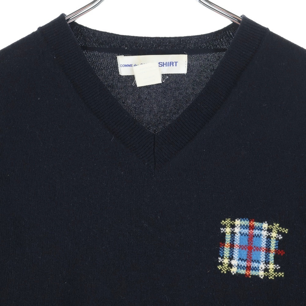 COMME des GARCONS SHIRT(コムデギャルソンシャツ) 10AW ウール フロントチェックエンブロイダリー Vネック ニット セーター ブラック W18503