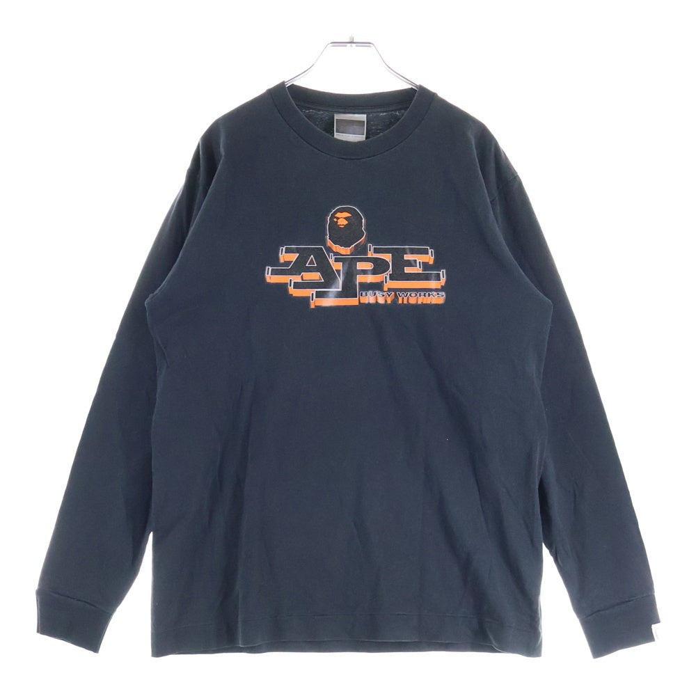 A BATHING APE(アベイシングエイプ) センター ロゴプリント クルーネック 長袖ロングスリーブTシャツ カットソー ブラック/オレンジ