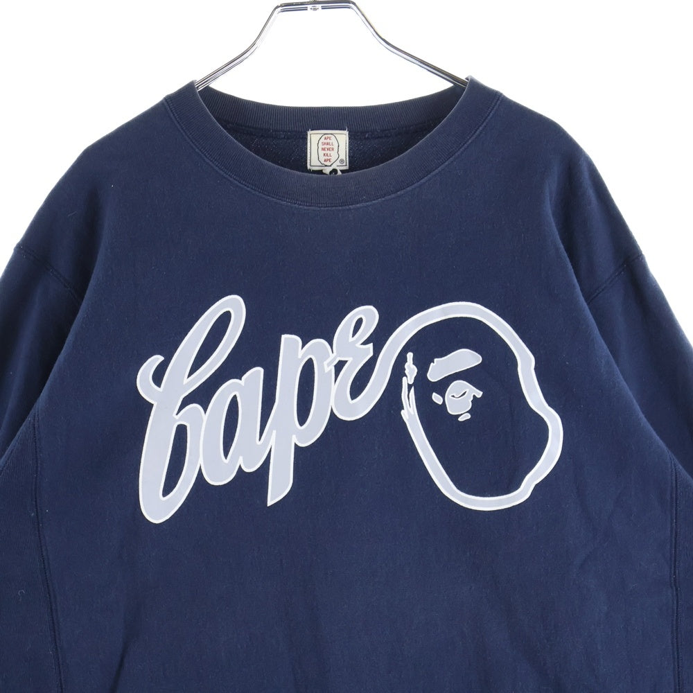 A BATHING APE(アベイシングエイプ) 猿顔ロゴプリント クルーネック リブスウェット ネイビー