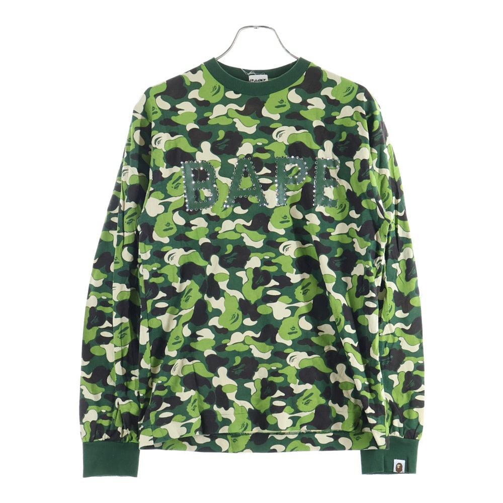 A BATHING APE(アベイシングエイプ) BAPE LOGO ABC CAMO SWAROVSKI ベイプロゴ スワロフスキー カモ柄 ロングスリーブ 長袖Tシャツ カットソー グリーン