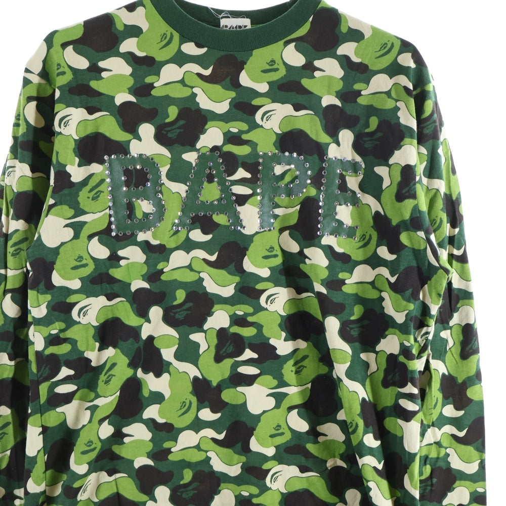A BATHING APE(アベイシングエイプ) BAPE LOGO ABC CAMO SWAROVSKI ベイプロゴ スワロフスキー カモ柄 ロングスリーブ 長袖Tシャツ カットソー グリーン