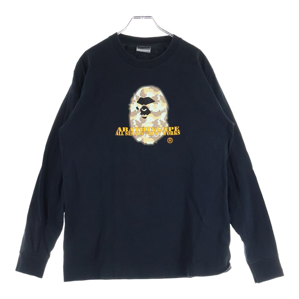 A BATHING APE(アベイシングエイプ) カモ柄サルロゴプリント ロングスリーブ 長袖Tシャツ カットソー ブラック/オレンジ