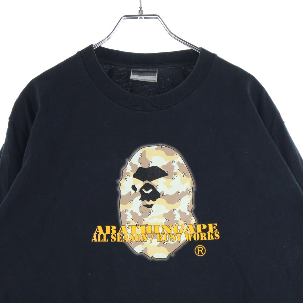 A BATHING APE(アベイシングエイプ) カモ柄サルロゴプリント ロングスリーブ 長袖Tシャツ カットソー ブラック/オレンジ