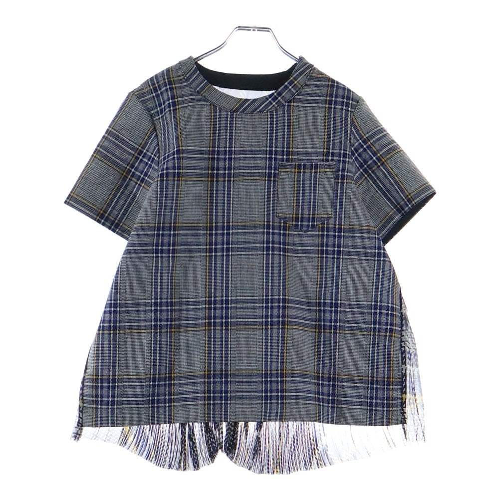 Sacai(サカイ) 総柄レース切り替え ショルダージップ 胸ポケット クルーネック チェック柄 半袖カットソー レディース グレー 18-04160