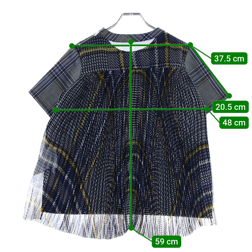 Sacai(サカイ) 総柄レース切り替え ショルダージップ 胸ポケット クルーネック チェック柄 半袖カットソー レディース グレー 18-04160