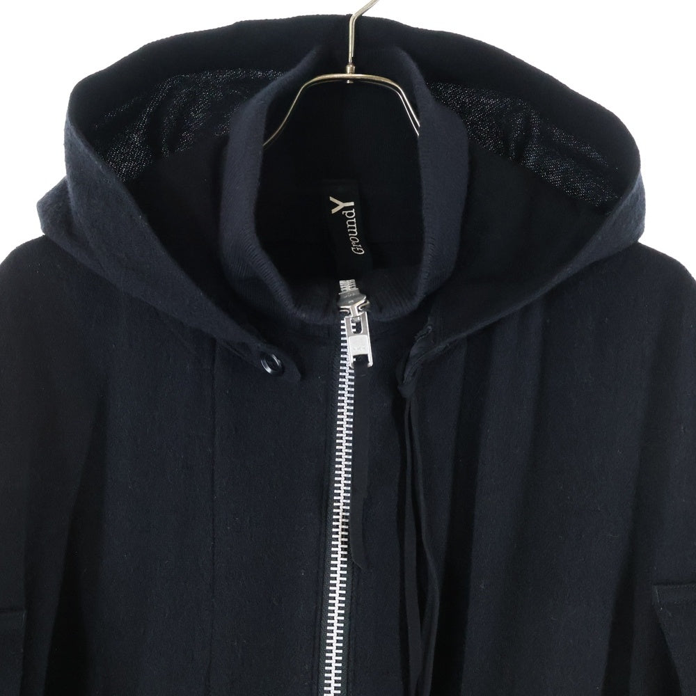 Ground Y(グラウンドワイ) ウール混 ジップアップフーデッド ロングポンチョ ブラック GV-C01-103