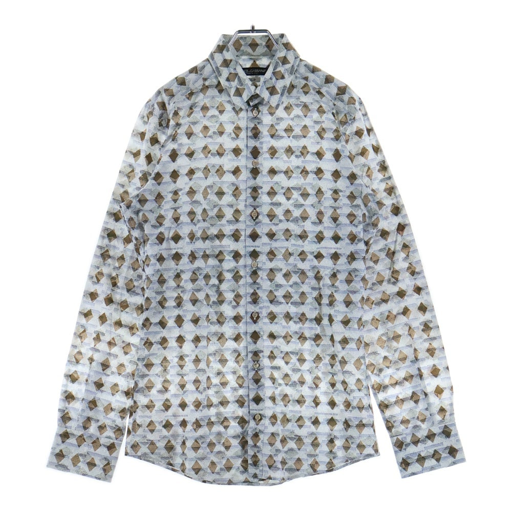 DOLCE & GABBANA(ドルチェアンドガッバーナ) GOLDライン 総柄 長袖ドレスシャツ ブルー/ホワイト/ブラウン G5DY4T FS5QV