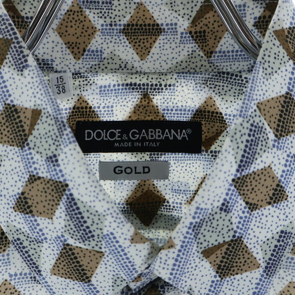 DOLCE & GABBANA(ドルチェアンドガッバーナ) GOLDライン 総柄 長袖ドレスシャツ ブルー/ホワイト/ブラウン G5DY4T FS5QV