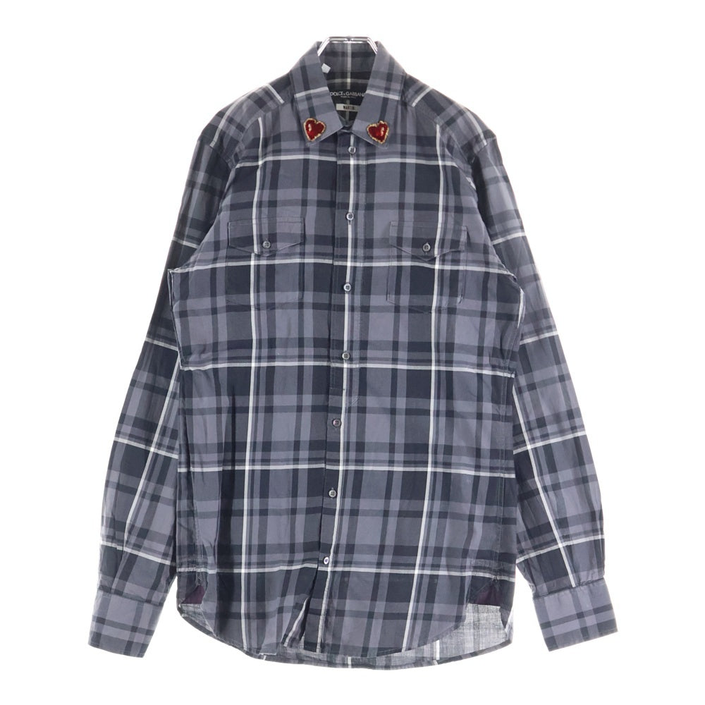 DOLCE & GABBANA(ドルチェアンドガッバーナ) MARTINI 襟ハート刺繍 チェック柄 長袖ドレスシャツ ブラック/グレー G5FK0Z FQ5L2