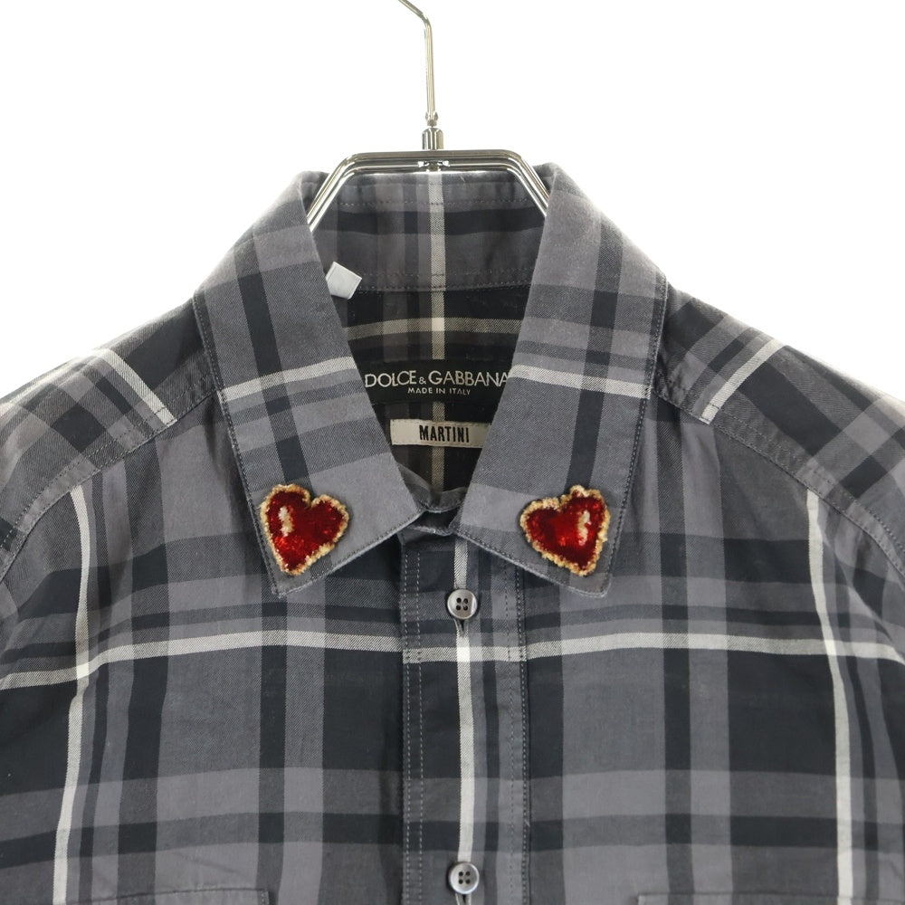 DOLCE & GABBANA(ドルチェアンドガッバーナ) MARTINI 襟ハート刺繍 チェック柄 長袖ドレスシャツ ブラック/グレー G5FK0Z FQ5L2