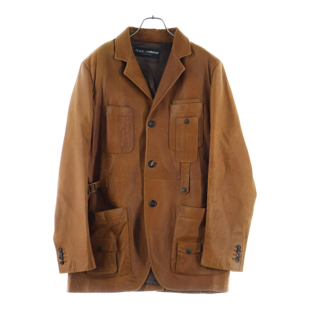 DOLCE & GABBANA(ドルチェアンドガッバーナ) フロントマルチポケット 3B レザー ロングコート ブラウン LJ19 ULBQ