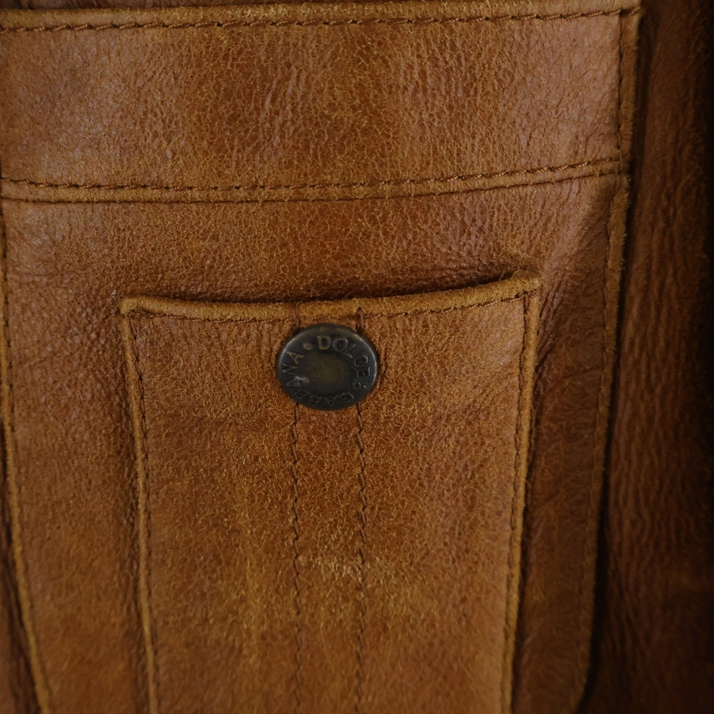 DOLCE & GABBANA(ドルチェアンドガッバーナ) フロントマルチポケット 3B レザー ロングコート ブラウン LJ19 ULBQ