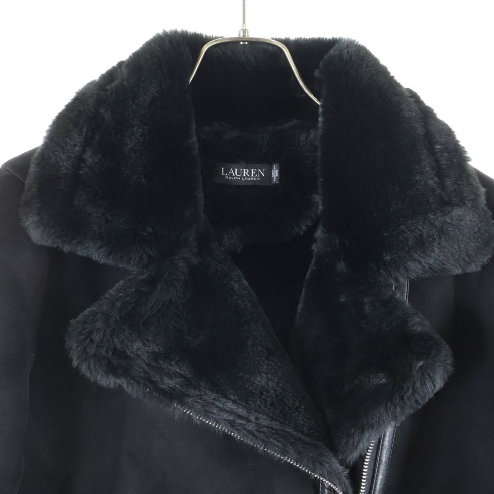 LAUREN RALPH LAUREN(ローレンラルフローレン) ファー切り替え 八の字ポケット ジップアップ フェイクレザージャケット レディース ブラック