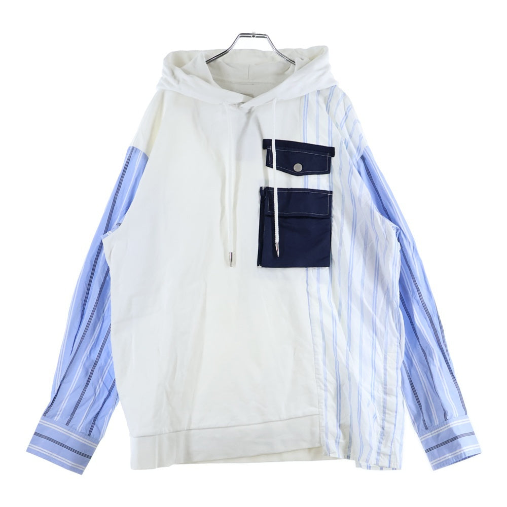 Feng Chen Wang(フェン チェン ワン) JERSEY SHIRTING PANELLED HOODIE ストライプ ドッキングデザイン オーバーサイズ スウェット プルオーバーパーカー ホワイト/ブルー FMF14HD01