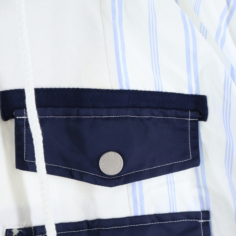 Feng Chen Wang(フェン チェン ワン) JERSEY SHIRTING PANELLED HOODIE ストライプ ドッキングデザイン オーバーサイズ スウェット プルオーバーパーカー ホワイト/ブルー FMF14HD01