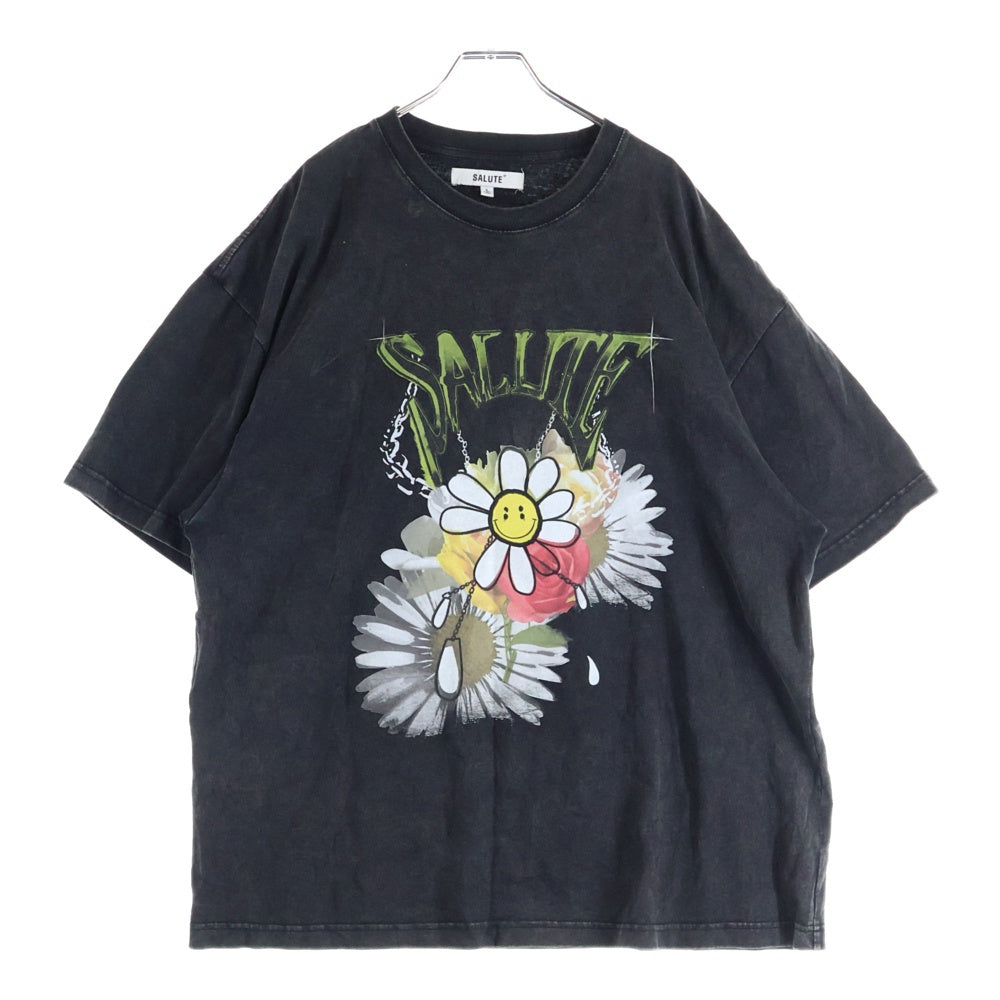 SALUTE(サルーテ) WASHED FLOWER VINTAGE TEE ヴィンテージ加工 フラワープリント クルーネック 半袖Tシャツ カットソー ブラック
