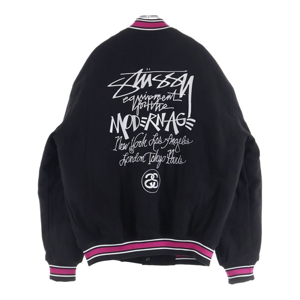 STUSSY(ステューシー) VARSITY JACKET 両面エンブロイダリーデザイン ダブルポケット バーシティー スタジアムジャンパー ブラック