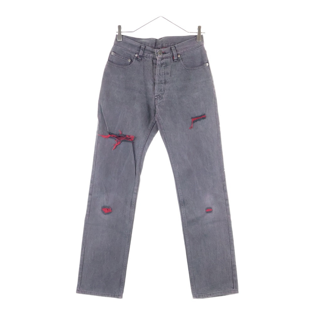NUMBER (N)INE(ナンバーナイン) 99AW ARCHIVE ロックアイドル期 ダメージ加工 ボタンフライ デニムパンツ グレー/レッド アーカイブ