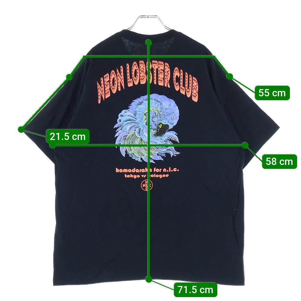 NO BRAND(ノーブランド) NEON LOBSTER CLUB (ネオンロブスタークラブ) ×HAMADARAKA ハマダラカ 両面プリント クルーネック半袖Tシャツ カットソー ブラック