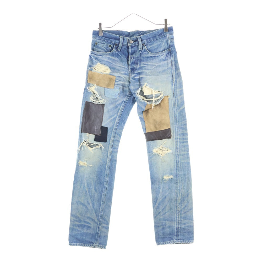 glamb(グラム) 日本製 ダメージ加工 レザーパッチワークデザイン ボタンフライ デニムパンツ インディゴ