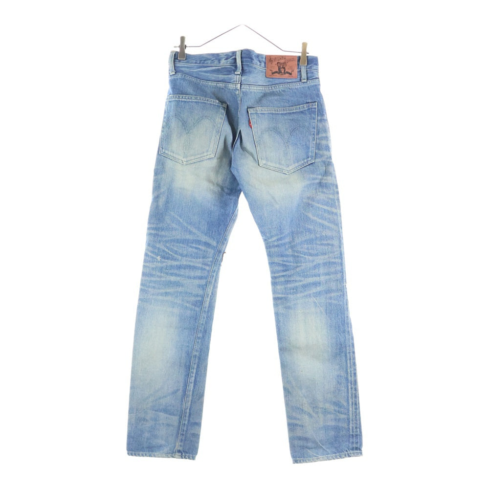 glamb(グラム) 日本製 ダメージ加工 レザーパッチワークデザイン ボタンフライ デニムパンツ インディゴ