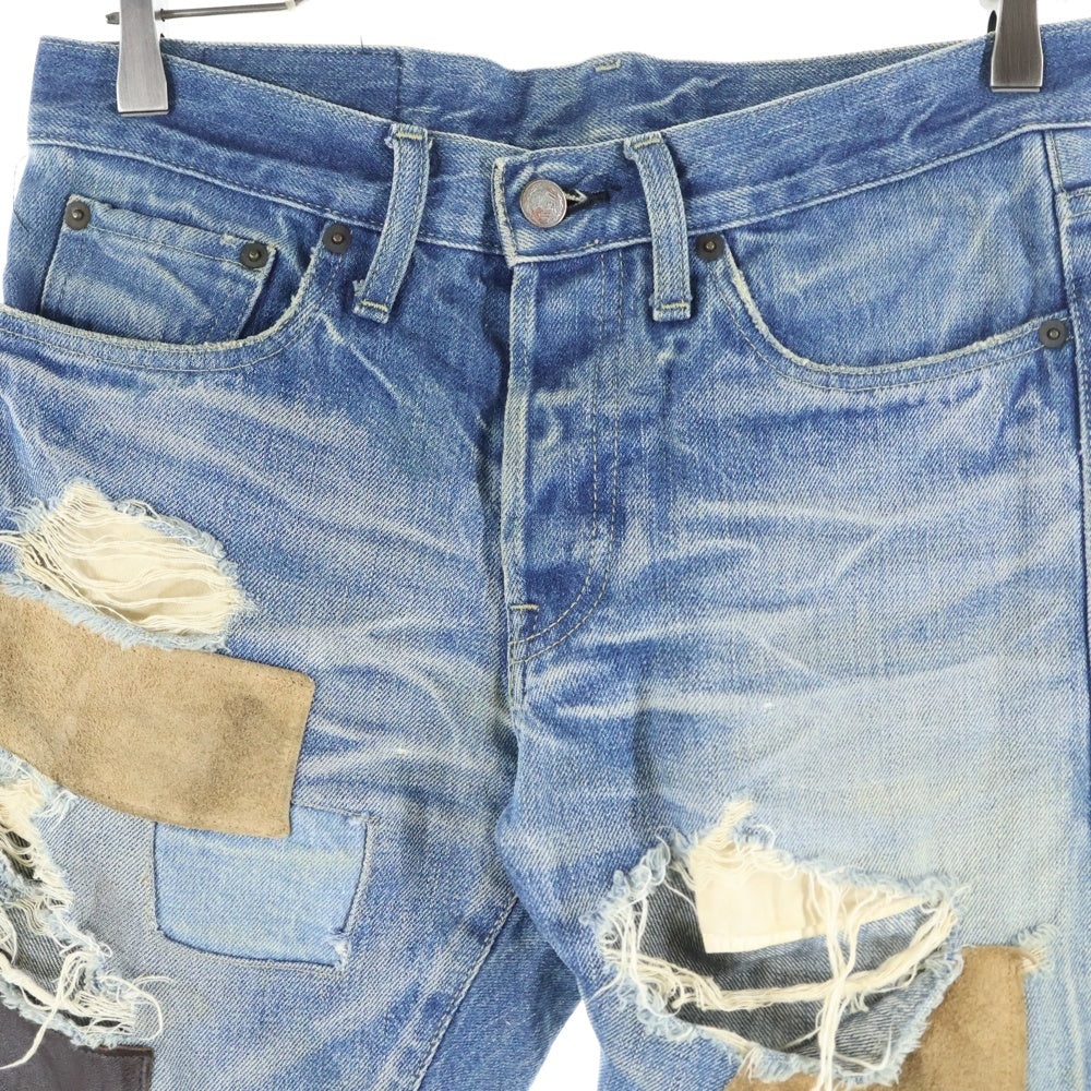 glamb(グラム) 日本製 ダメージ加工 レザーパッチワークデザイン ボタンフライ デニムパンツ インディゴ