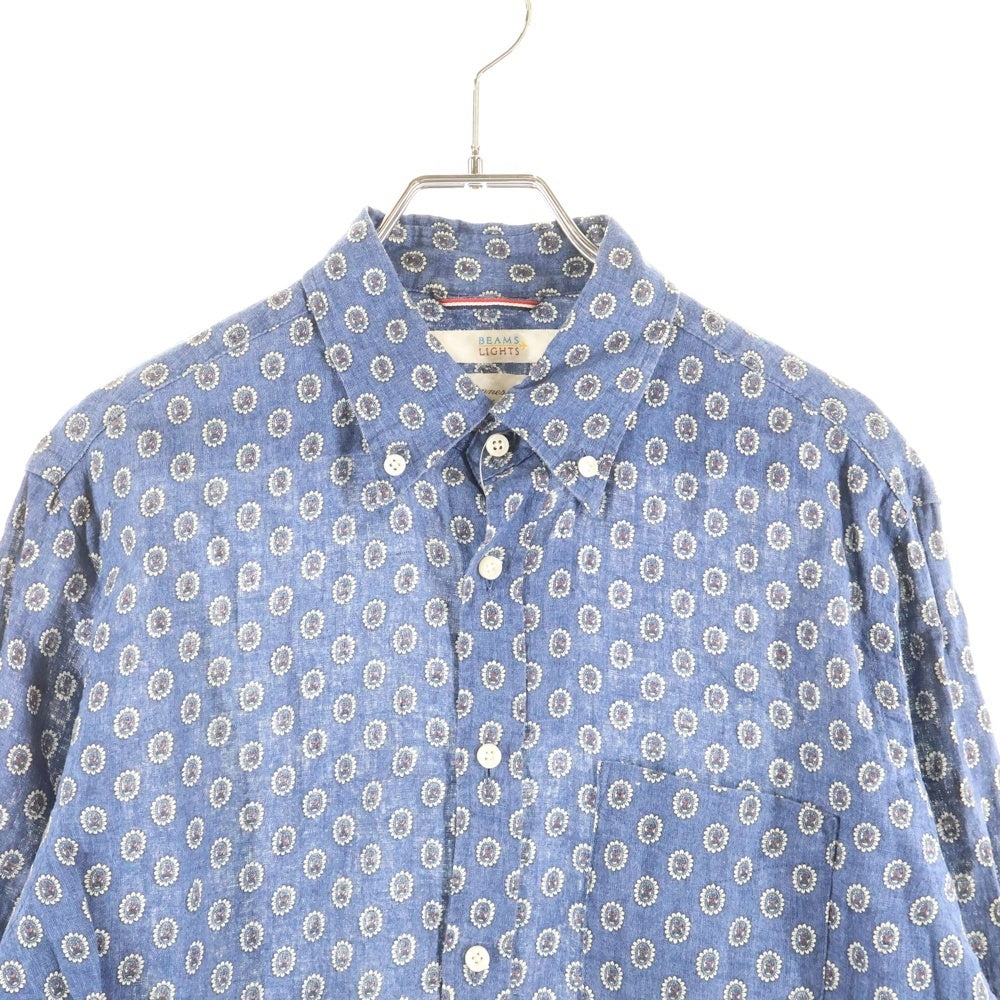 BEAMS Lights(ビームスライツ) 総柄 リネン ボタンダウン 長袖シャツ ブルー