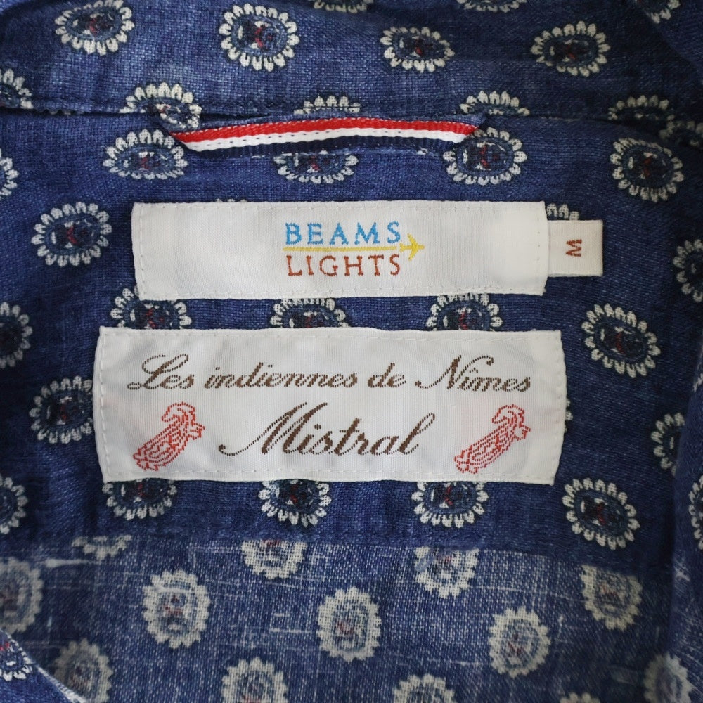 BEAMS Lights(ビームスライツ) 総柄 リネン ボタンダウン 長袖シャツ ブルー
