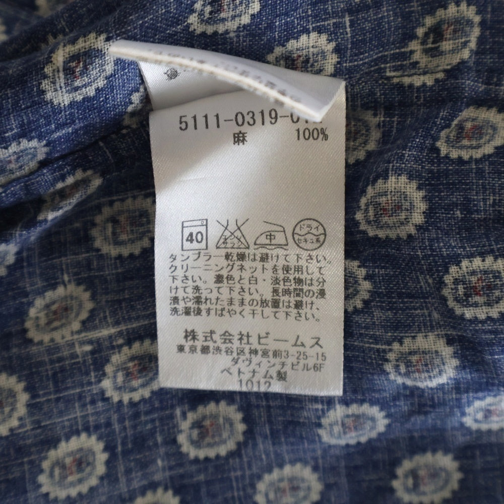 BEAMS Lights(ビームスライツ) 総柄 リネン ボタンダウン 長袖シャツ ブルー