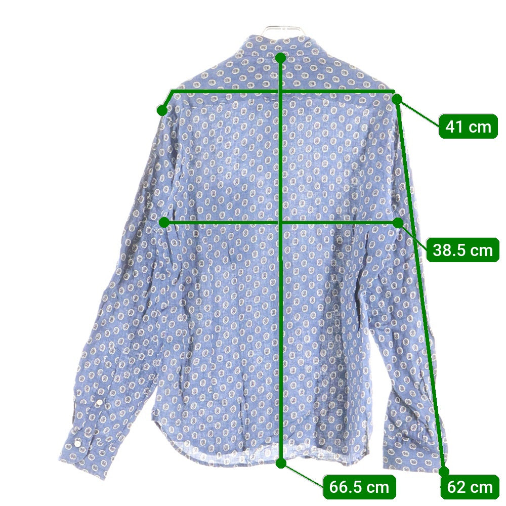 BEAMS Lights(ビームスライツ) 総柄 リネン ボタンダウン 長袖シャツ ブルー