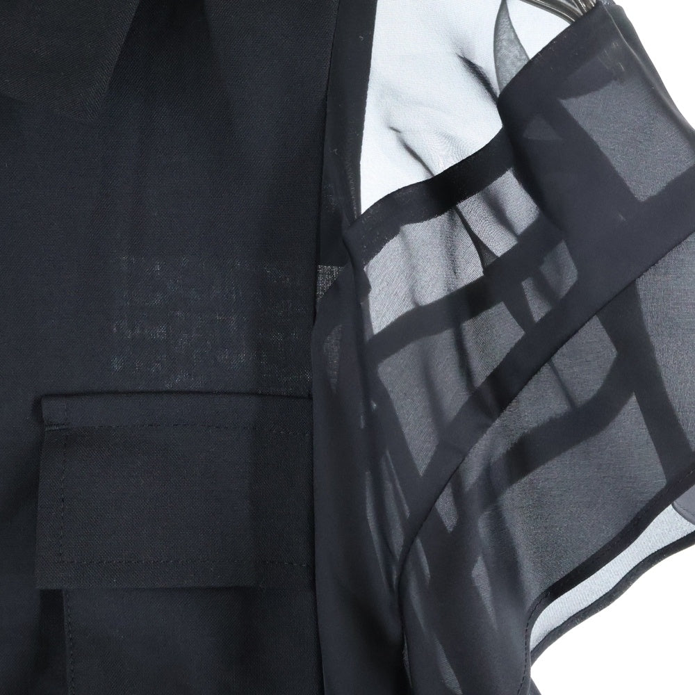 Sacai(サカイ) 25SS SUITING SATIN DRESS スイッチング サテン マルチポケット 半袖ワンピース ドレス レディース ブラック 25-07807