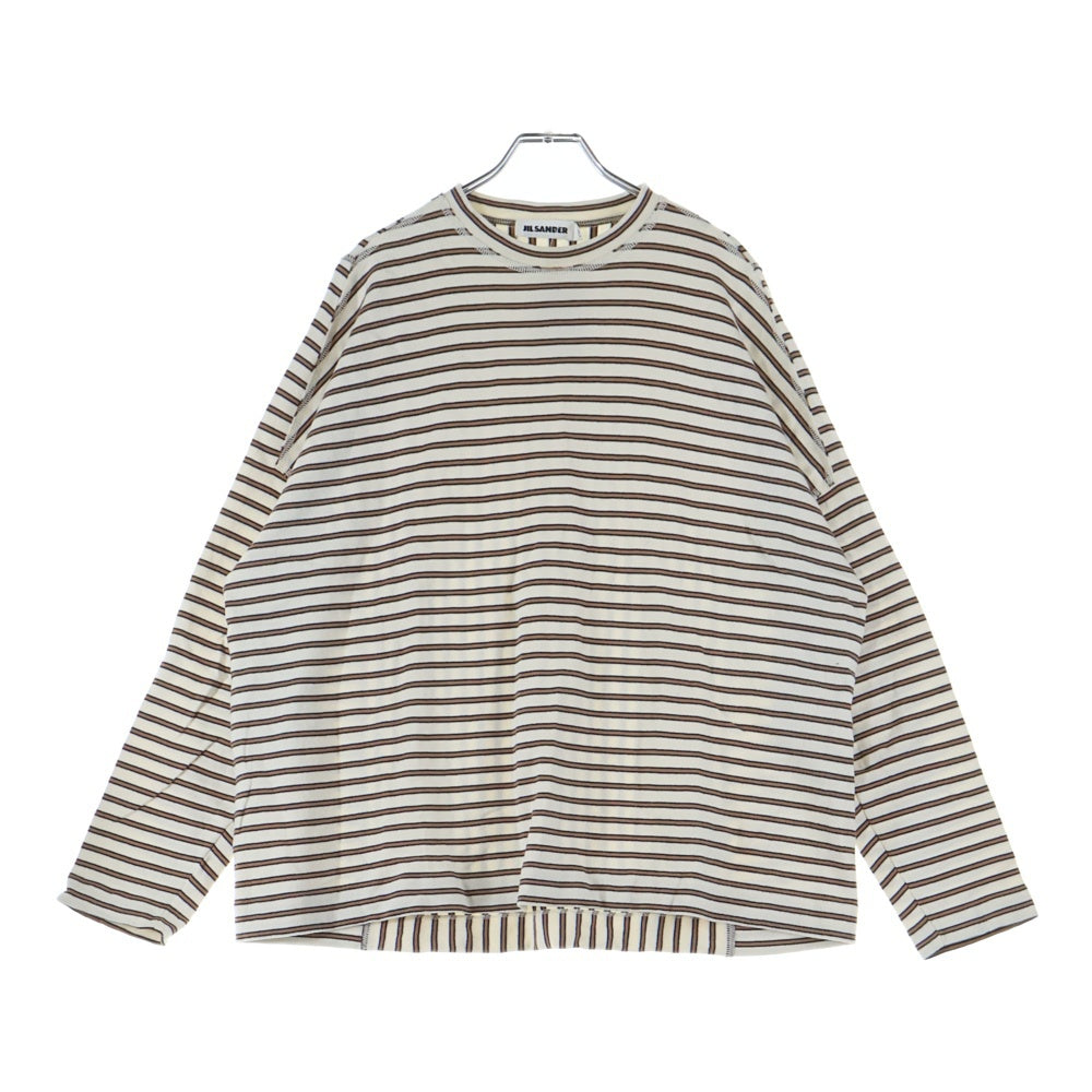 JIL SANDER(ジルサンダー) ボーダー クルーネック長袖Tシャツ カットソー ホワイト/ブラウン JSUO707013 MO247318