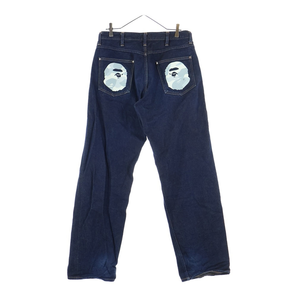 A BATHING APE(アベイシングエイプ) バックポケットカモ柄エイプヘッドプリント ジップフライデニムパンツ インディゴ