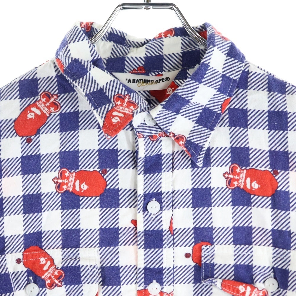 A BATHING APE(アベイシングエイプ) エイプ総柄 半袖チェックシャツ ブルー/ホワイト/レッド