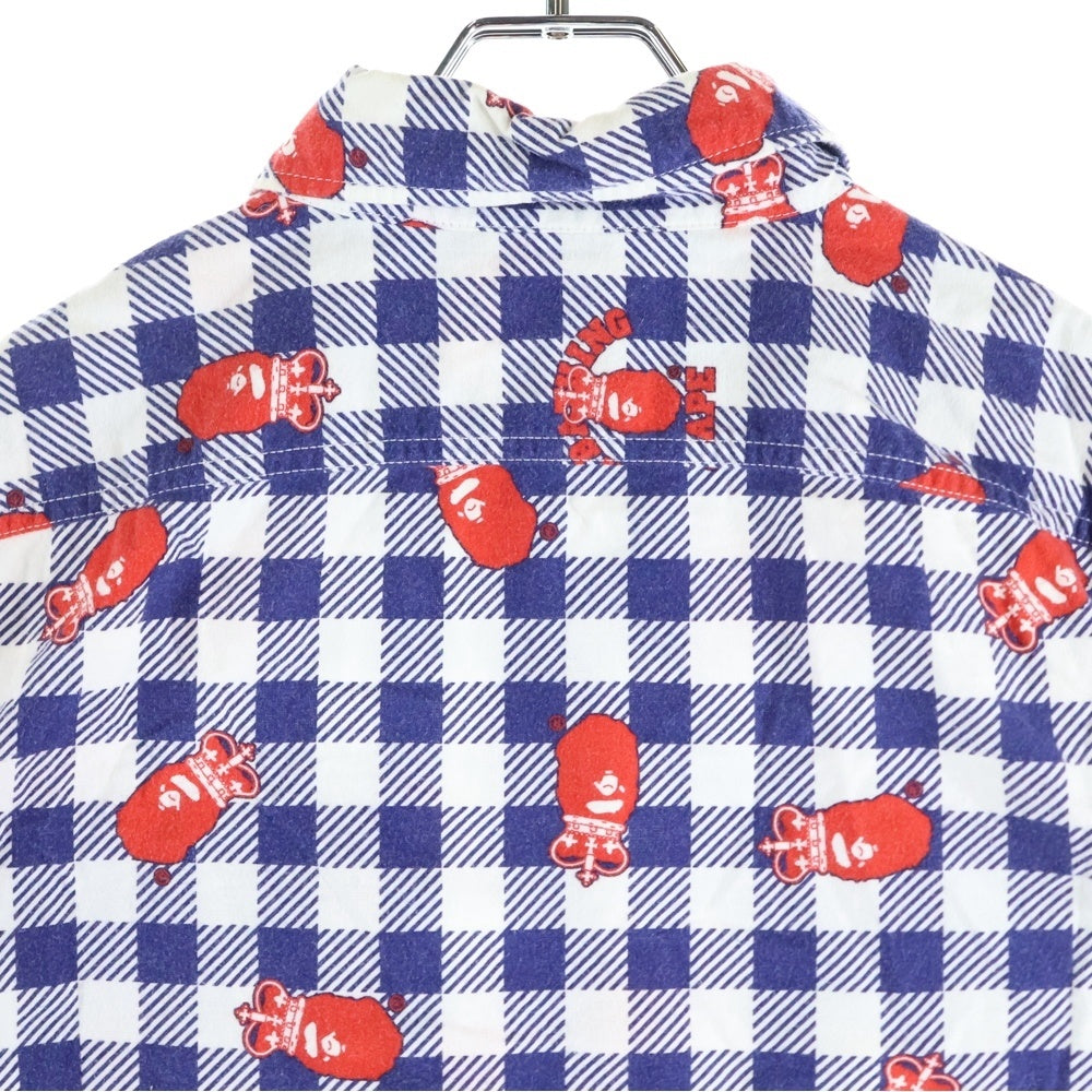 A BATHING APE(アベイシングエイプ) エイプ総柄 半袖チェックシャツ ブルー/ホワイト/レッド
