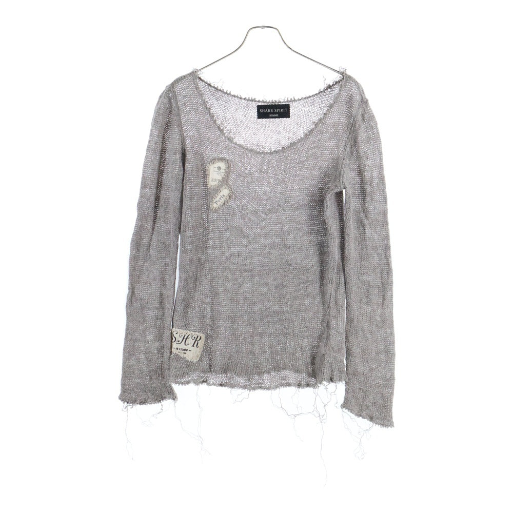 SHARE SPIRIT(シェアスピリット) ダメージ加工 ラウンドネック ローゲージ 長袖ニット セーター グレー HKS1116