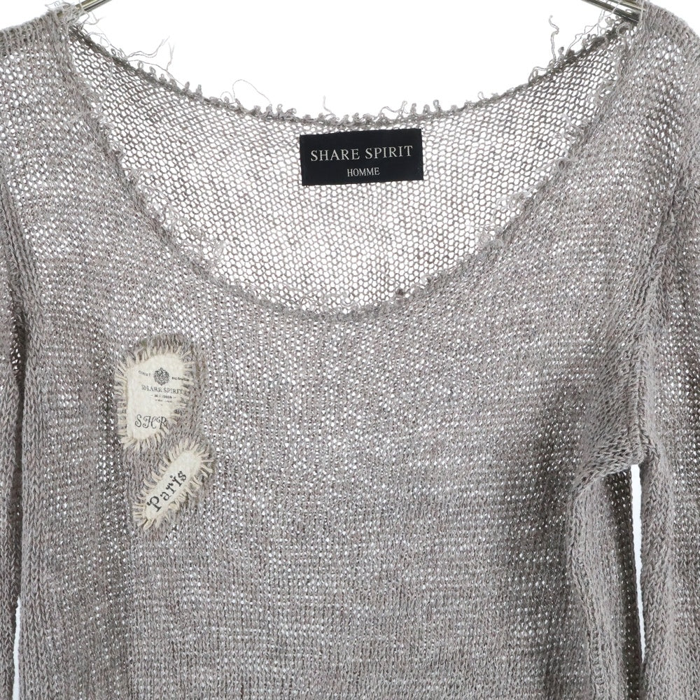 SHARE SPIRIT(シェアスピリット) ダメージ加工 ラウンドネック ローゲージ 長袖ニット セーター グレー HKS1116